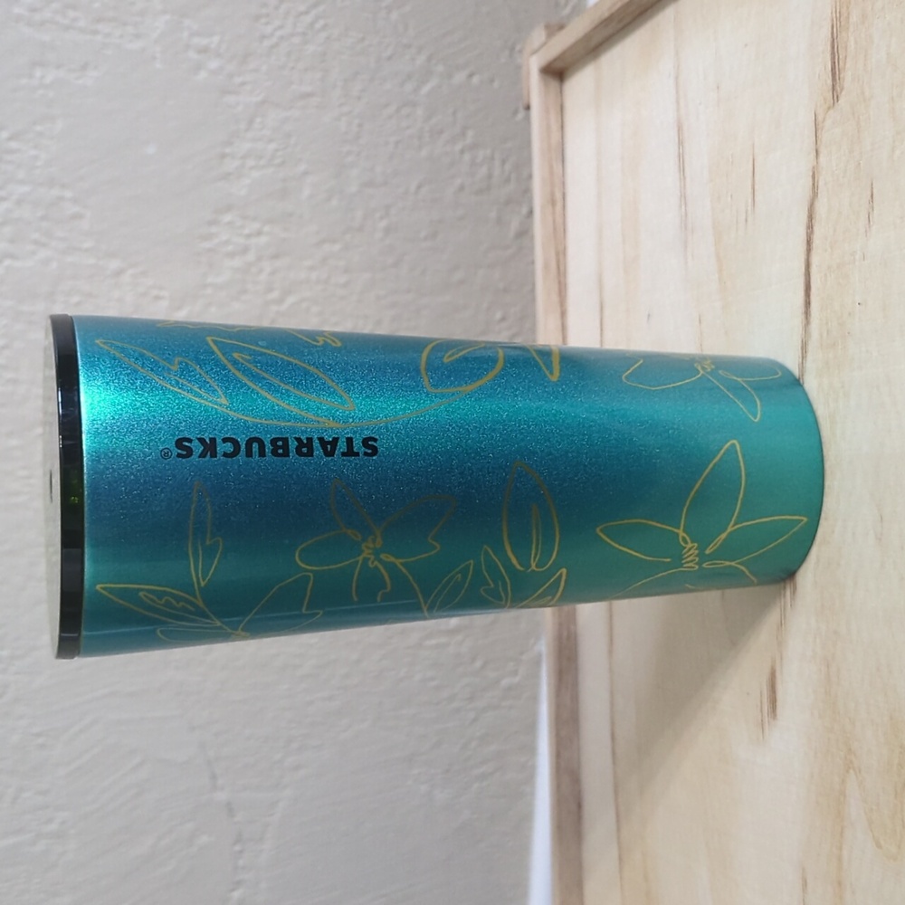Starbucks Cold Iced Tumbler Metal Coffee Cup 24oz Teal Yellow Flowers